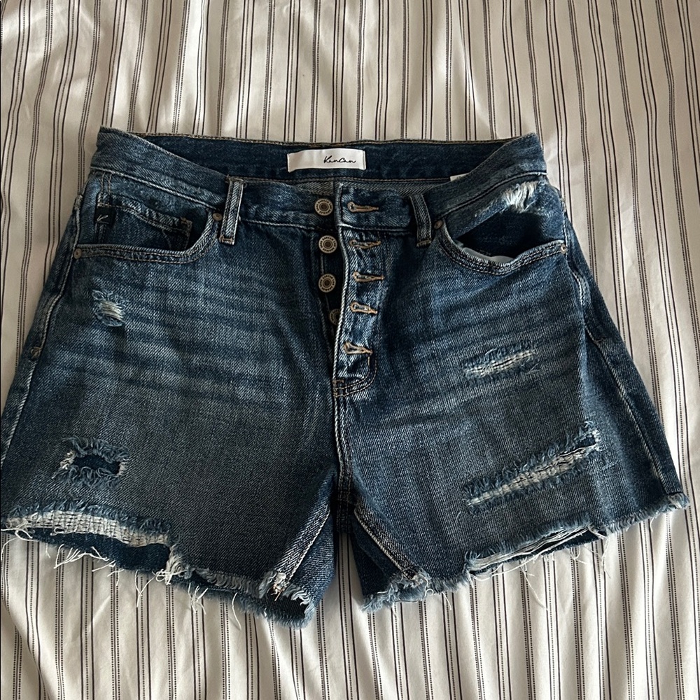 KanCan Women's Button-Fly Distressed Jean Shorts - Dark Blue